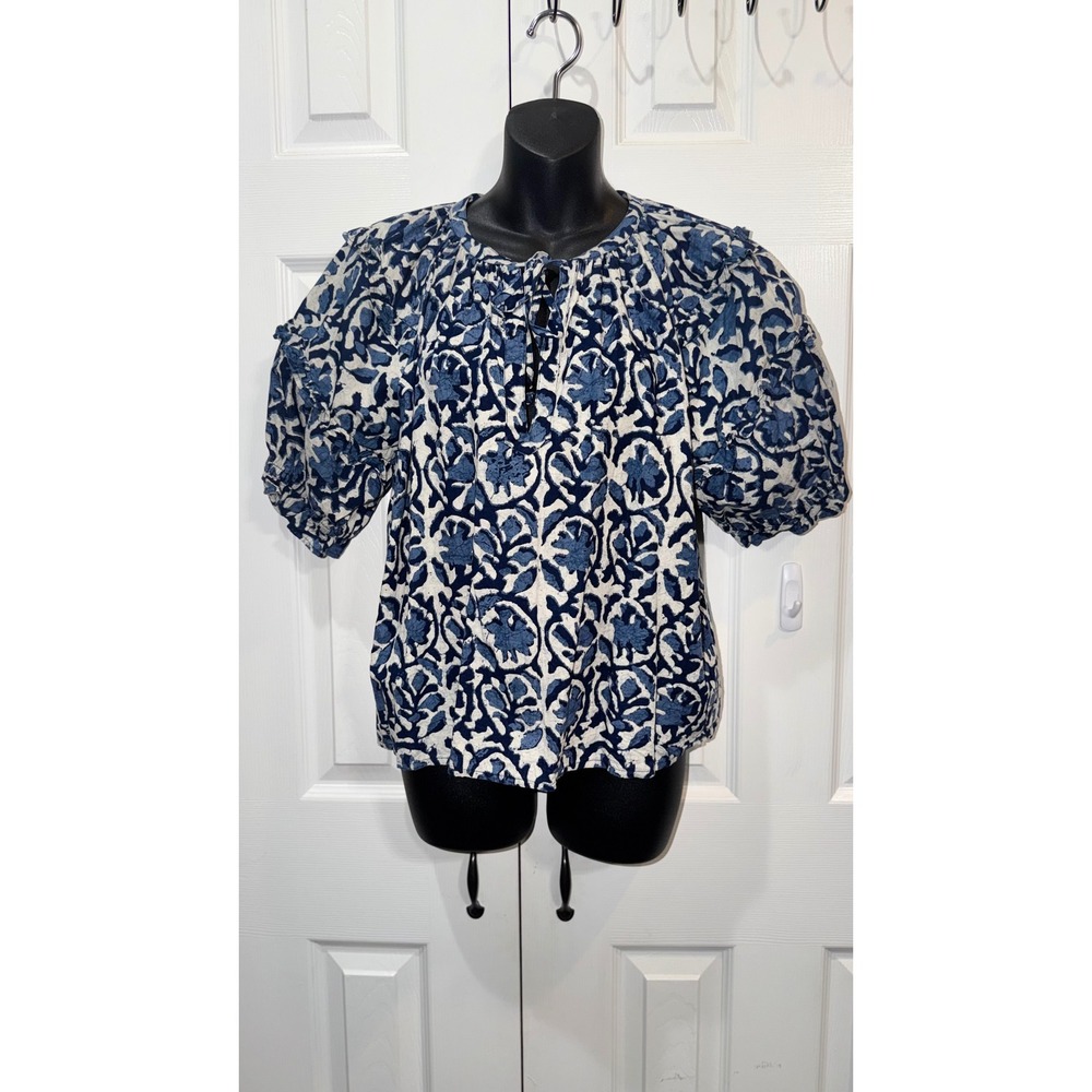 Jennifer Grace Blue White Floral Puff Sleeve Tiered Ruffle Tie Front Blouse L